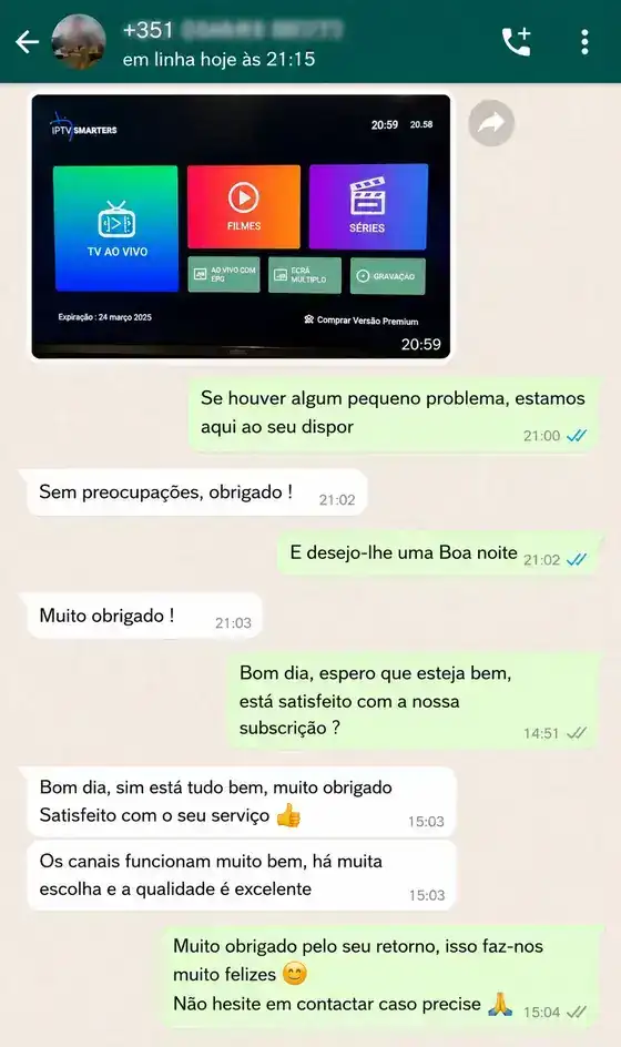 Reseña de cliente por WhatsApp sobre IPTV Movistar España