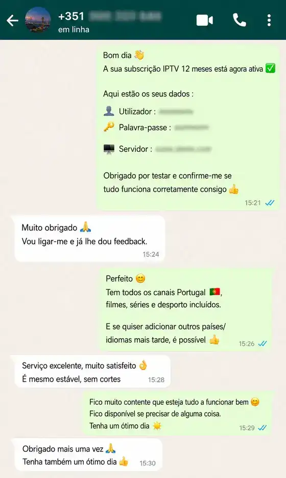 Reseña de cliente por WhatsApp sobre IPTV Movistar España