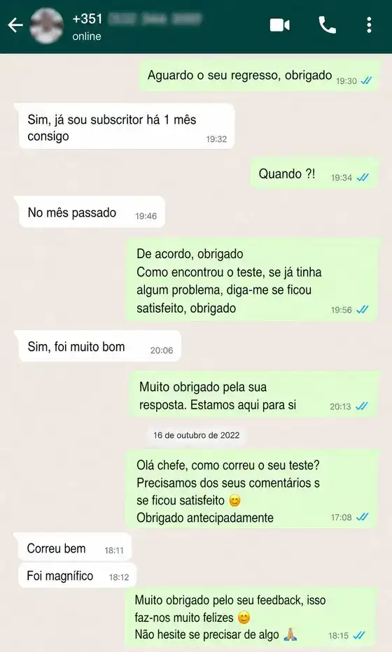 Reseña de cliente por WhatsApp sobre IPTV Movistar España