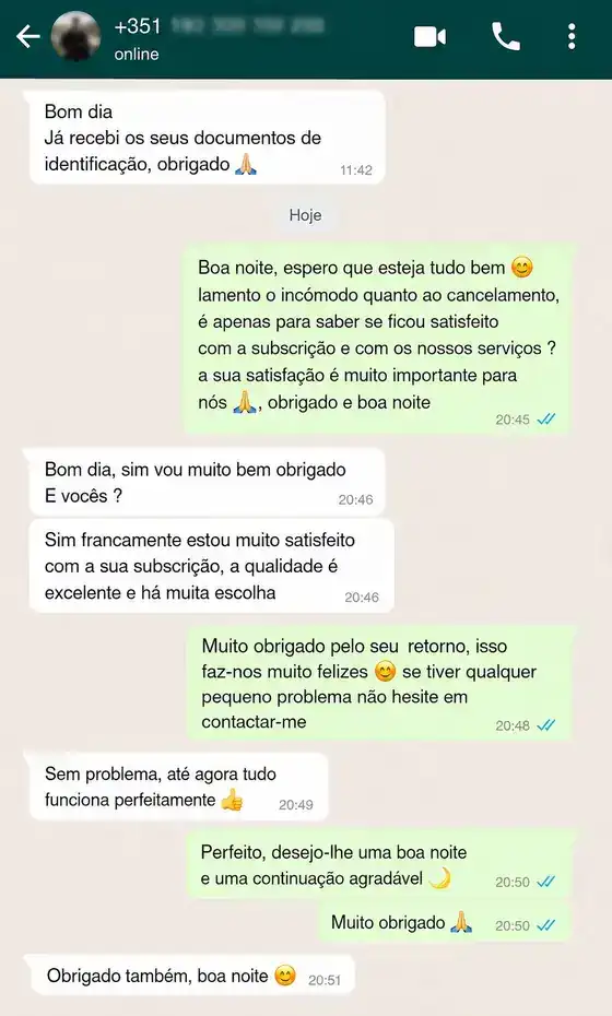 Reseña de cliente por WhatsApp sobre IPTV Movistar España